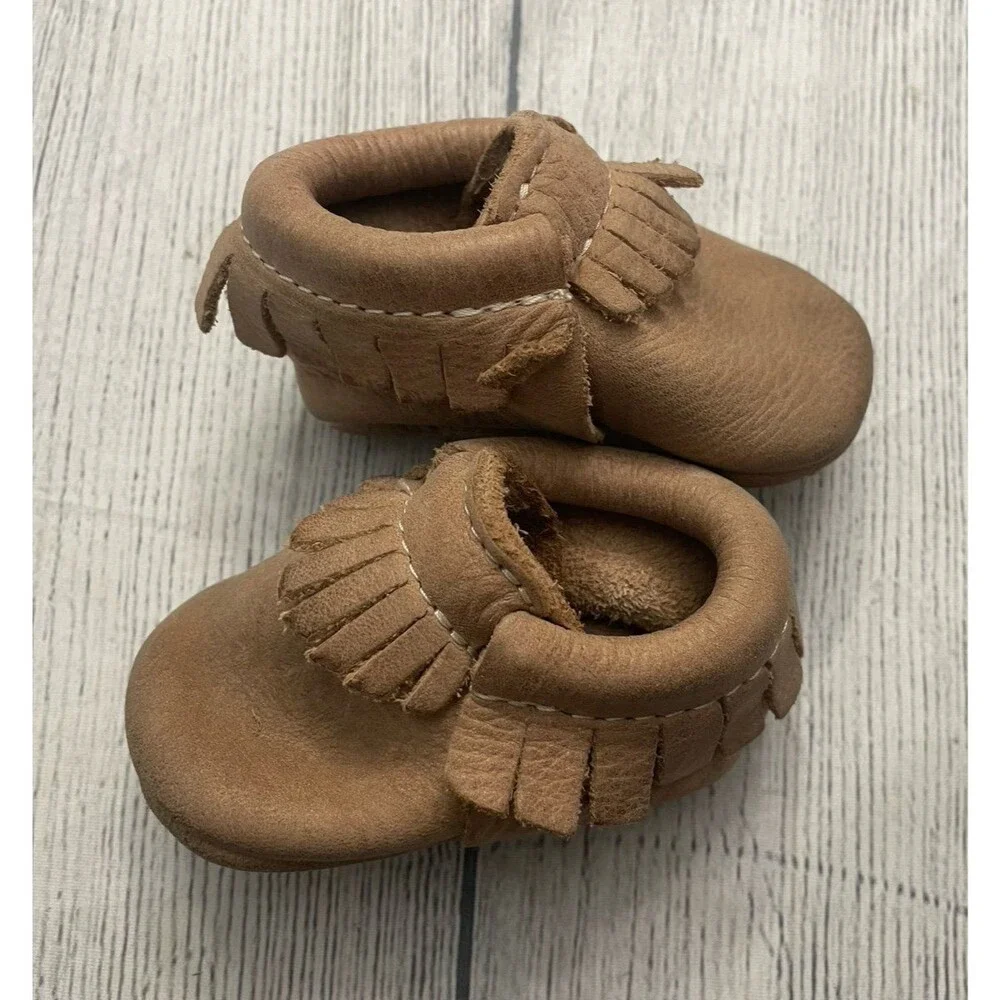 Tan Brown Freshly Picked FP Boy Leather Moccasins, Size 1